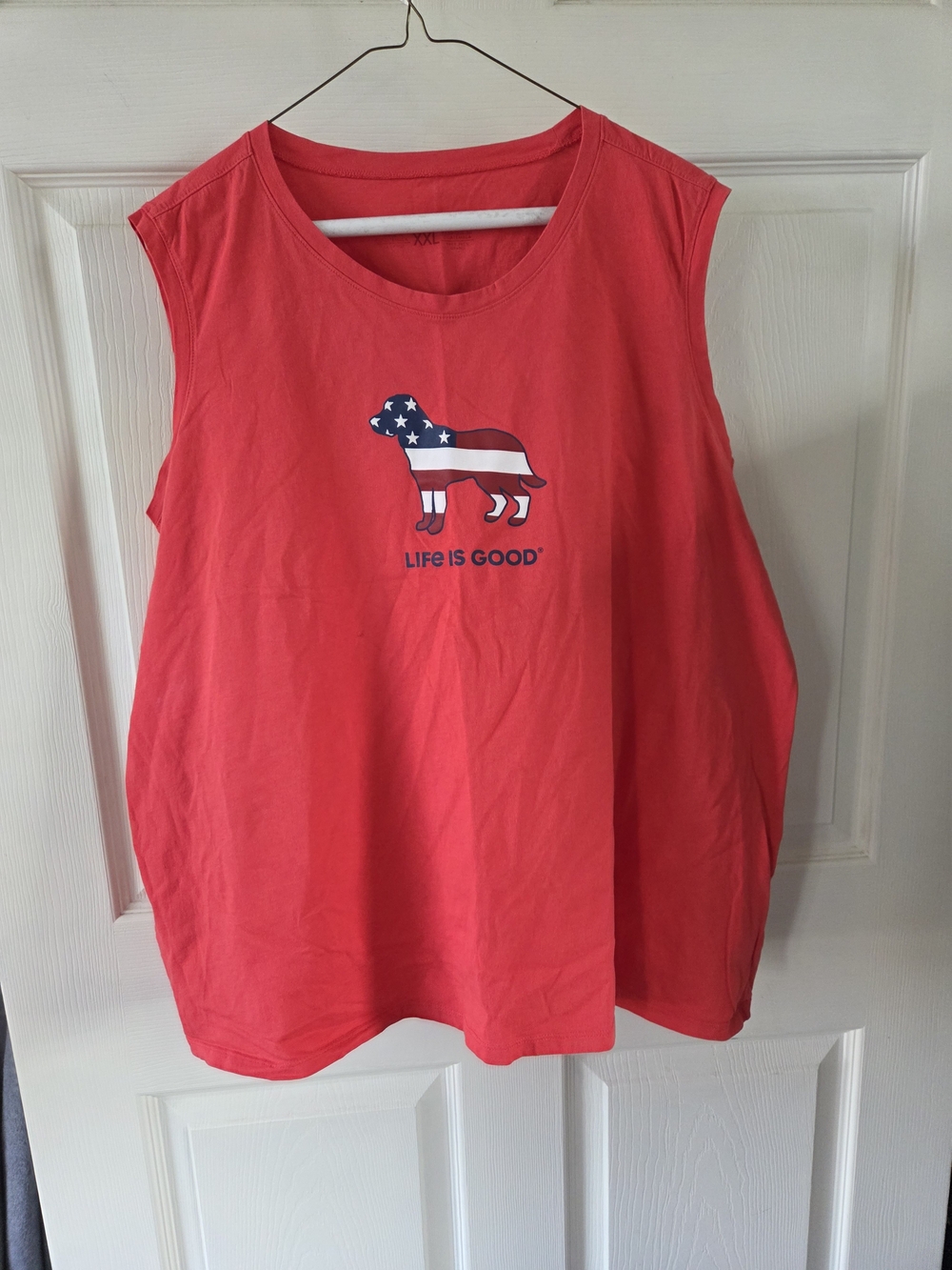 Life Is Good Coral-Red Sleeveless Tank with Flag Dog Graphic